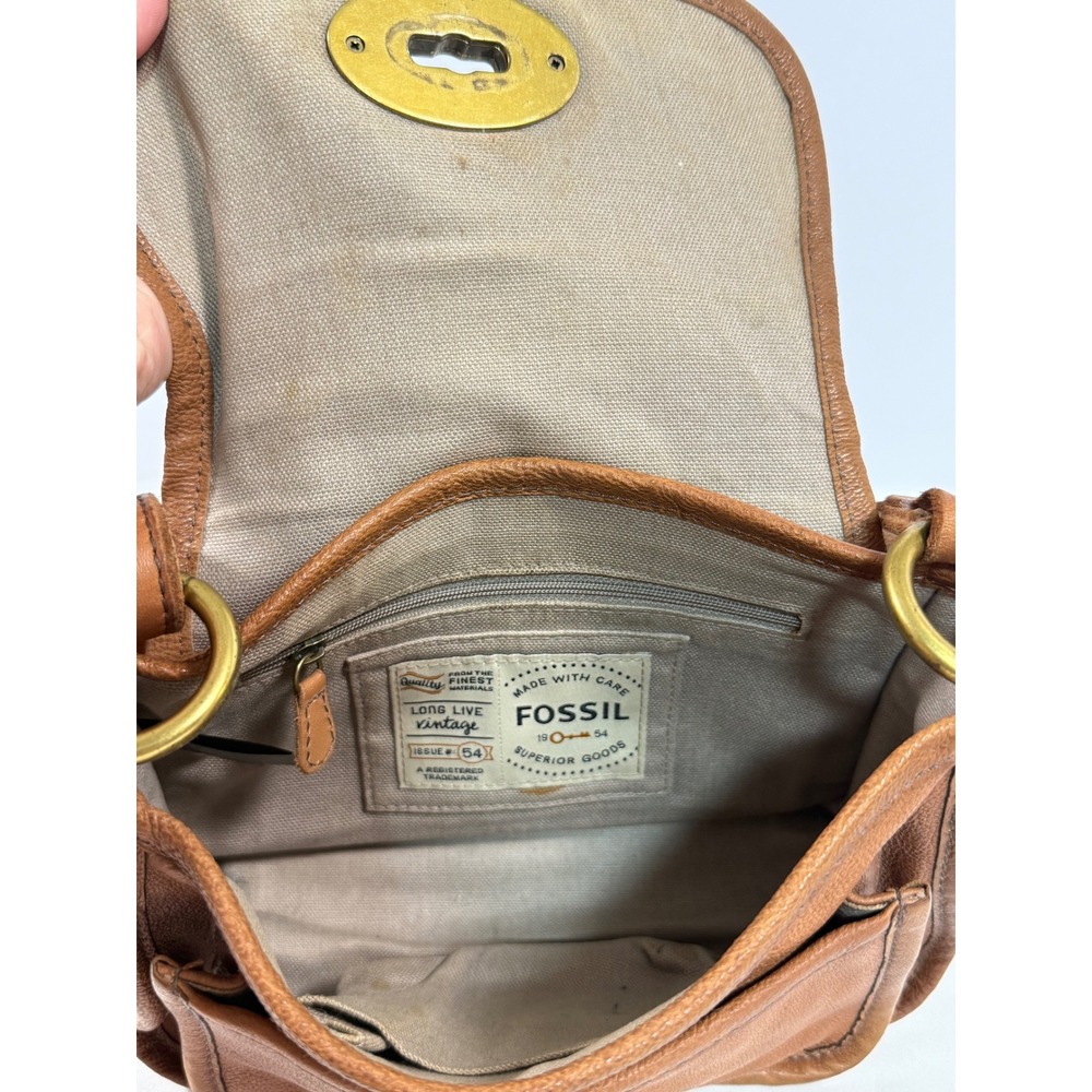 Fossil Brown Leather Long Live Vintage Crossbody Turnlock Messenger Small Bag - Picture 8 of 10